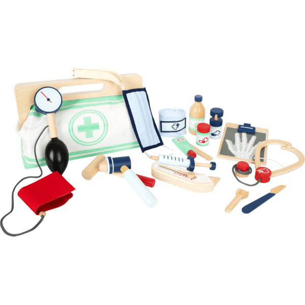 Small Foot Spiel-Arztkoffer mit Holztasche, Stethoskop, Blutdruckmessgerät, Spritze, Thermometer und Holzscheren
