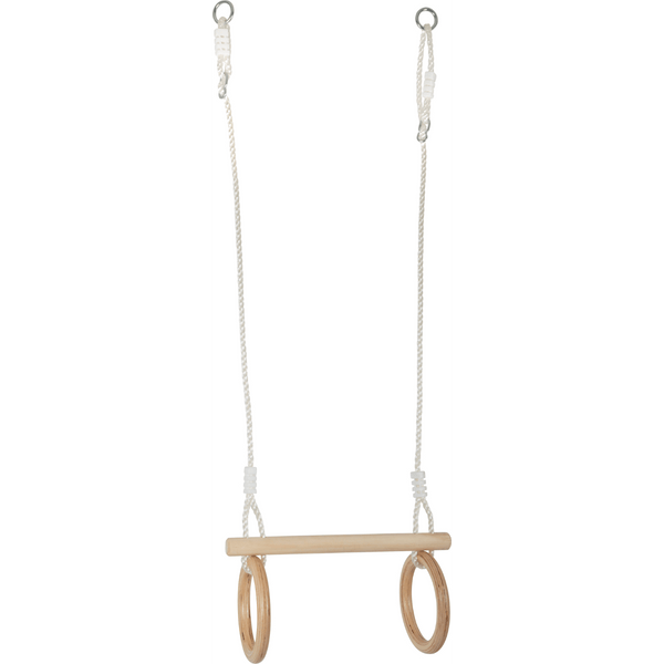 mall Foot Trapez mit Turnringen in Originalverpackung – Holzstange mit Seil und zwei Turnringen sichtbar